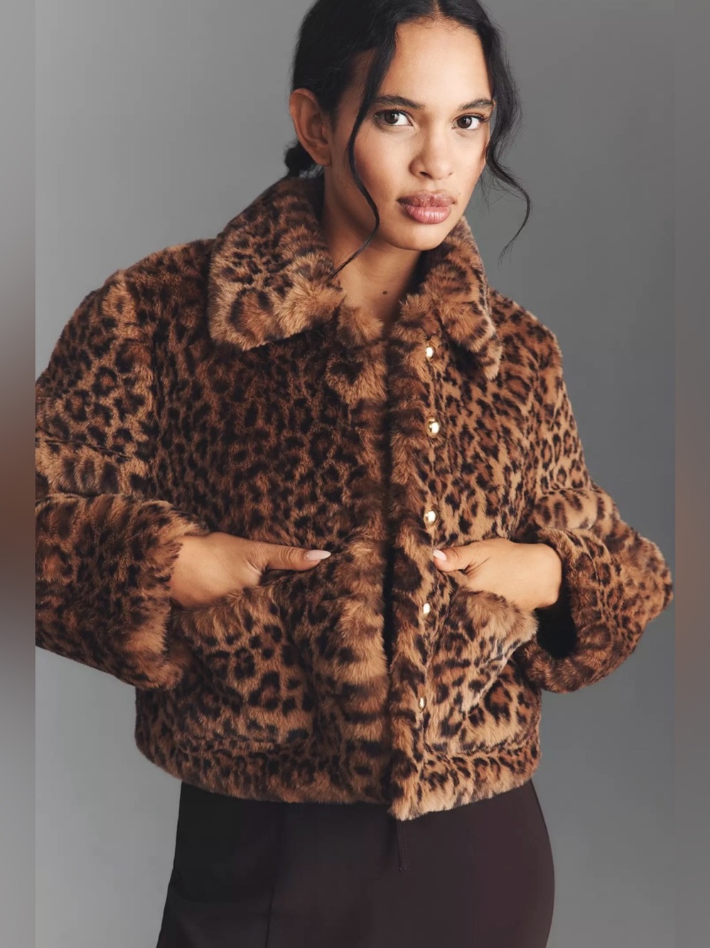 Anthropologie Maeve Leopard-Print Faux Fur Cropped Teddy Jacket - Brown